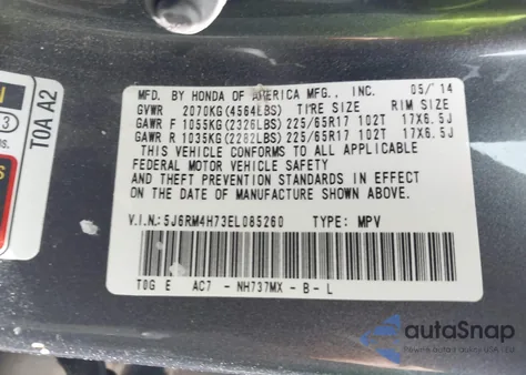 2014 Honda Cr-V Ex-L z USA, uszkodzony, nr VIN 5J6RM4H73EL085260